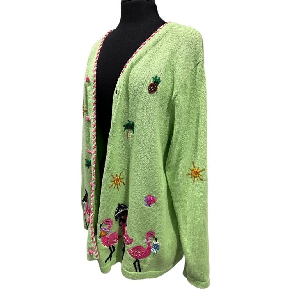 The Quacker Factory Shopping Flamingo Cardigan Sweater Sz L - Picture 2 of 10